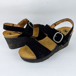 OTBT Peasant Wedge Platform Slingback Sandal Suede Leather Black 9.5M NIB